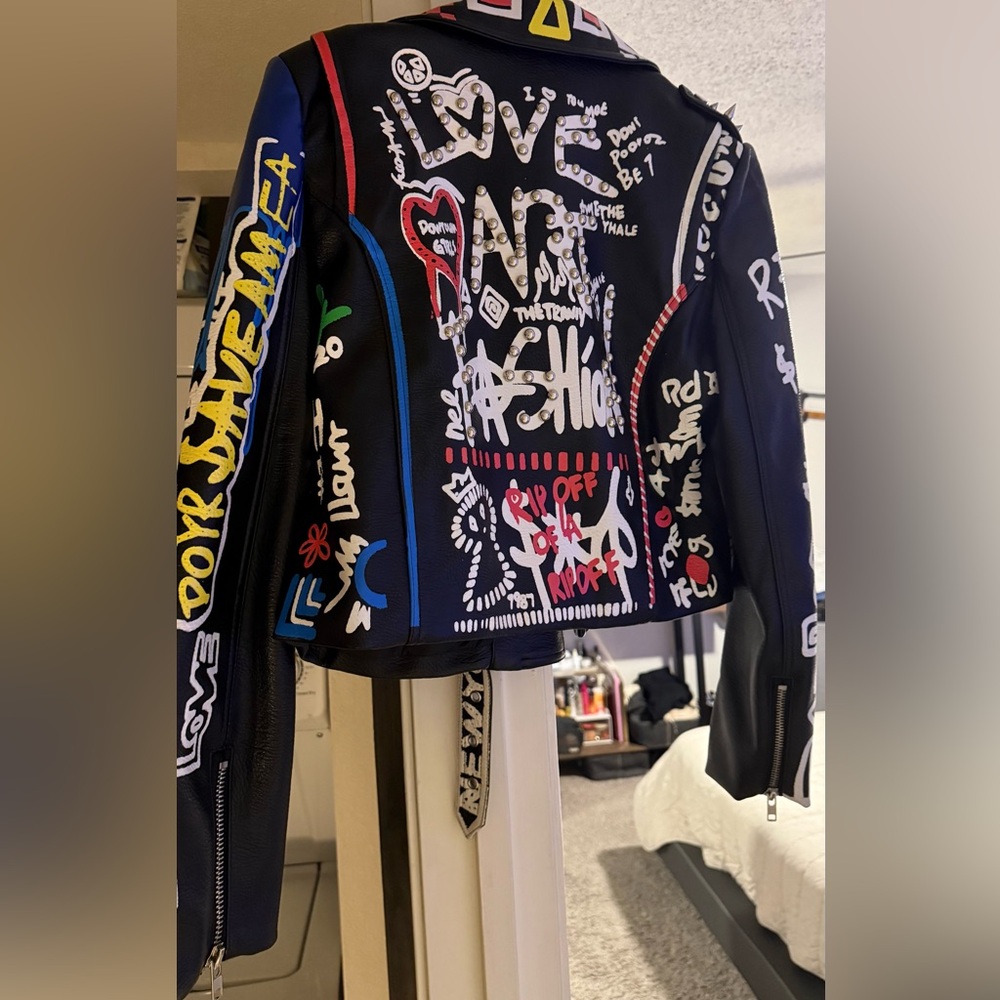 Graffiti Style Black Leather Jacket